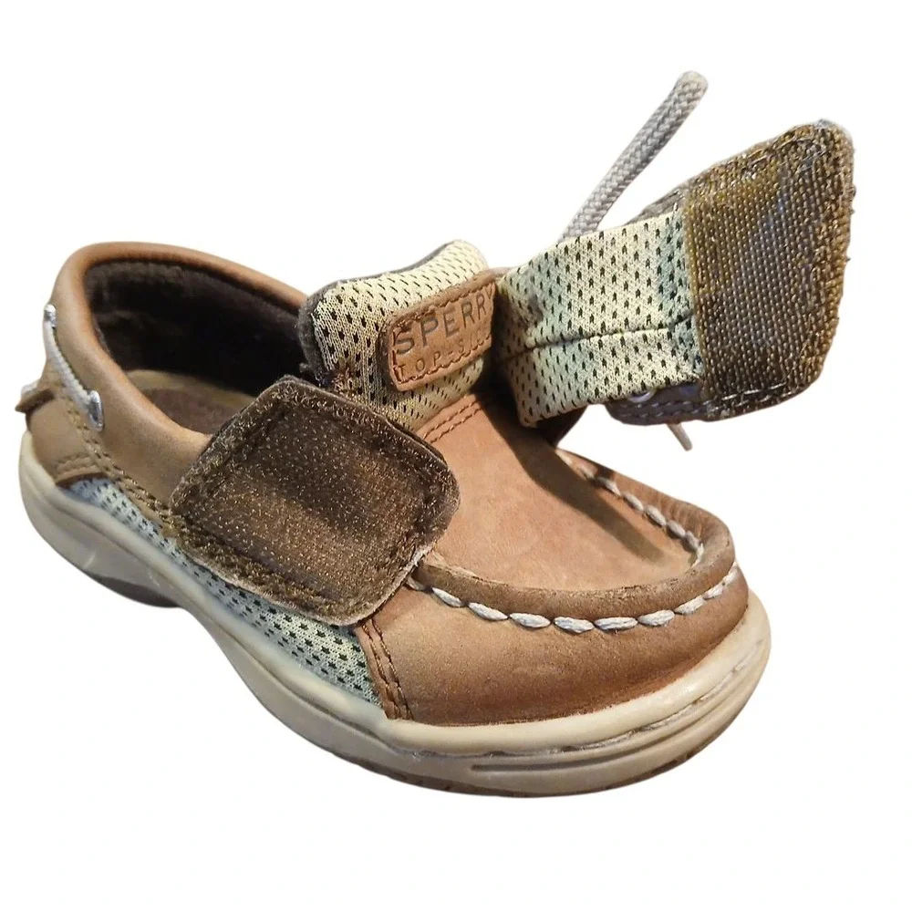 Sperry Toddler Boys Size 5M Top Sider Brown Leather Boat Shoes Hook & Loop Close